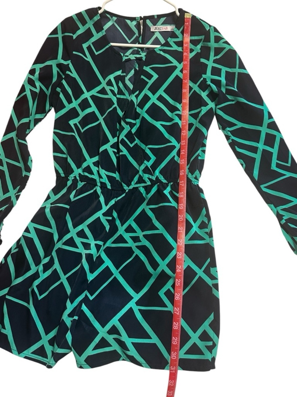 JustFab Romper Small Navy Green Geometric Faux Wrap Long Sleeve NWT - Picture 2 of 12